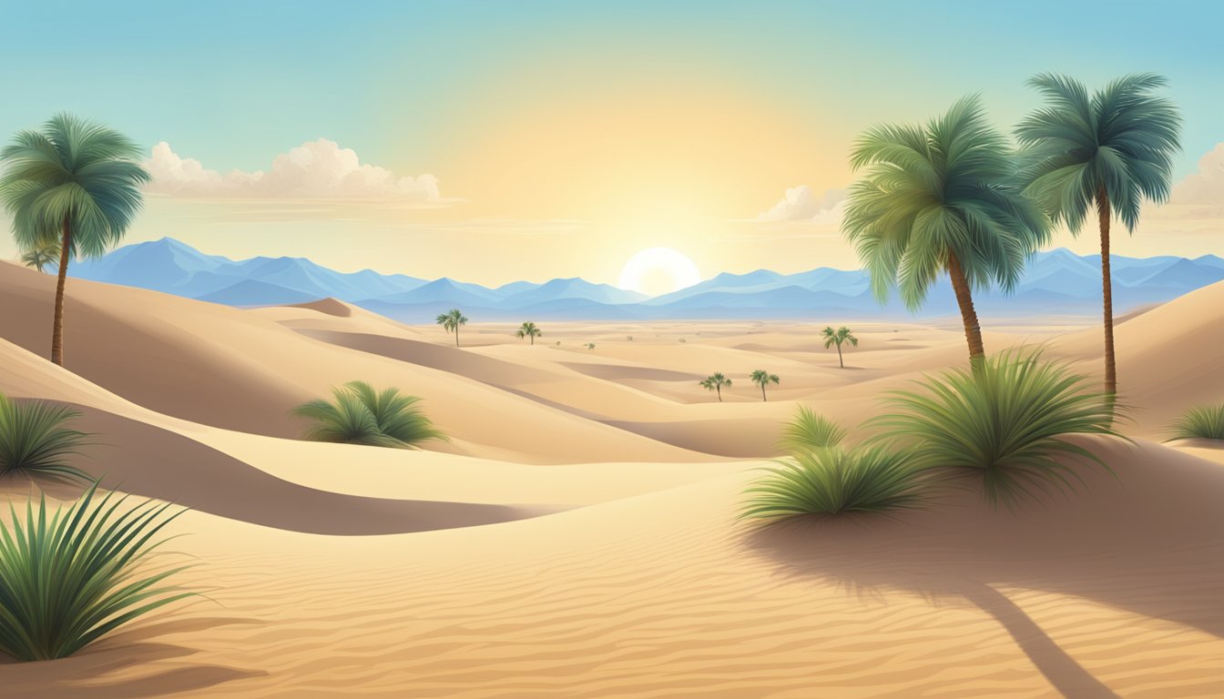 A vast desert landscape with towering sand dunes, a clear blue sky, and a lone oasis surrounded by palm trees