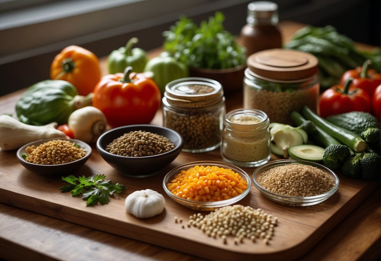 A variety of flavor enhancers and seasonings are arranged on a kitchen counter next to a cutting board and a selection of fresh Chinese vegetables