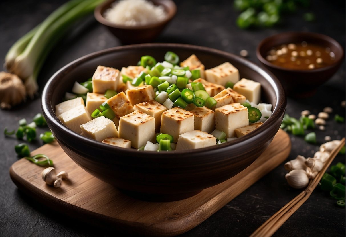A bowl of tofu surrounded by ginger, garlic, scallions, and soy sauce. A wok sizzles with oil, ready to stir-fry the ingredients