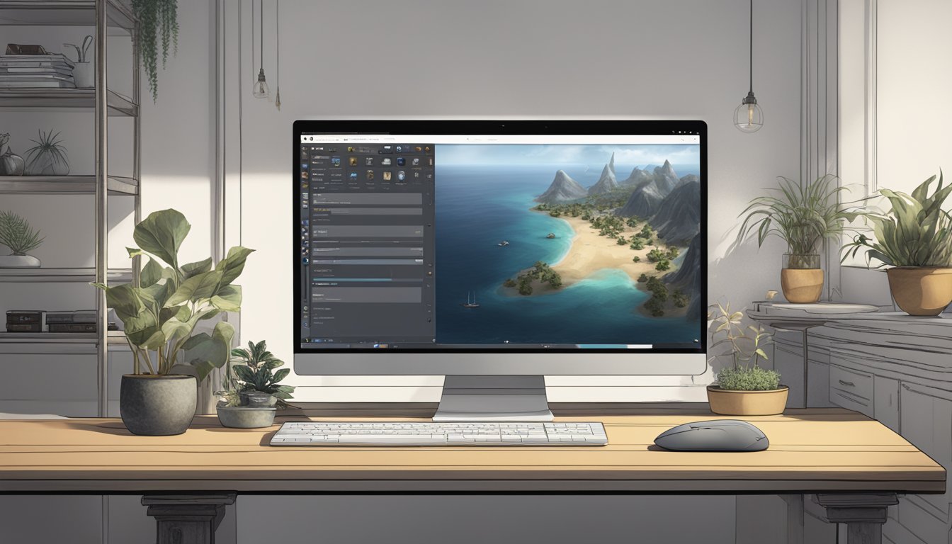 A character standing in front of a computer, with the Black Desert Online SEA website open on the screen, and a mouse in hand