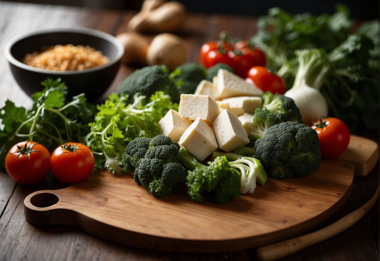 Fresh vegetables arranged on a wooden cutting board, with a variety of colorful ingredients such as leafy greens, mushrooms, and tofu. A wok and cooking utensils are nearby