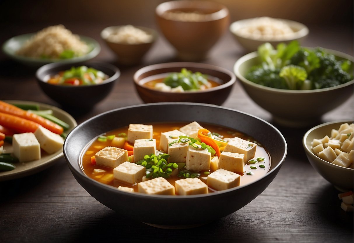 A table displays tofu dishes with nutritional labels. A bowl of tofu soup sits next to a plate of stir-fried tofu and vegetables. Text highlights health benefits