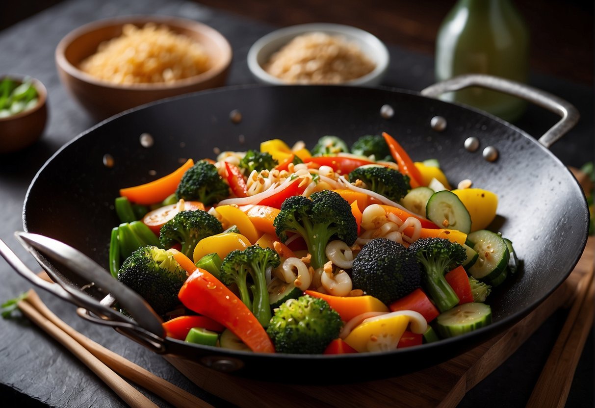 A wok sizzles with colorful stir-fried vegetables, surrounded by fresh produce and a cookbook titled "Frequently Asked Questions: Simple Chinese Vegetable Recipes."