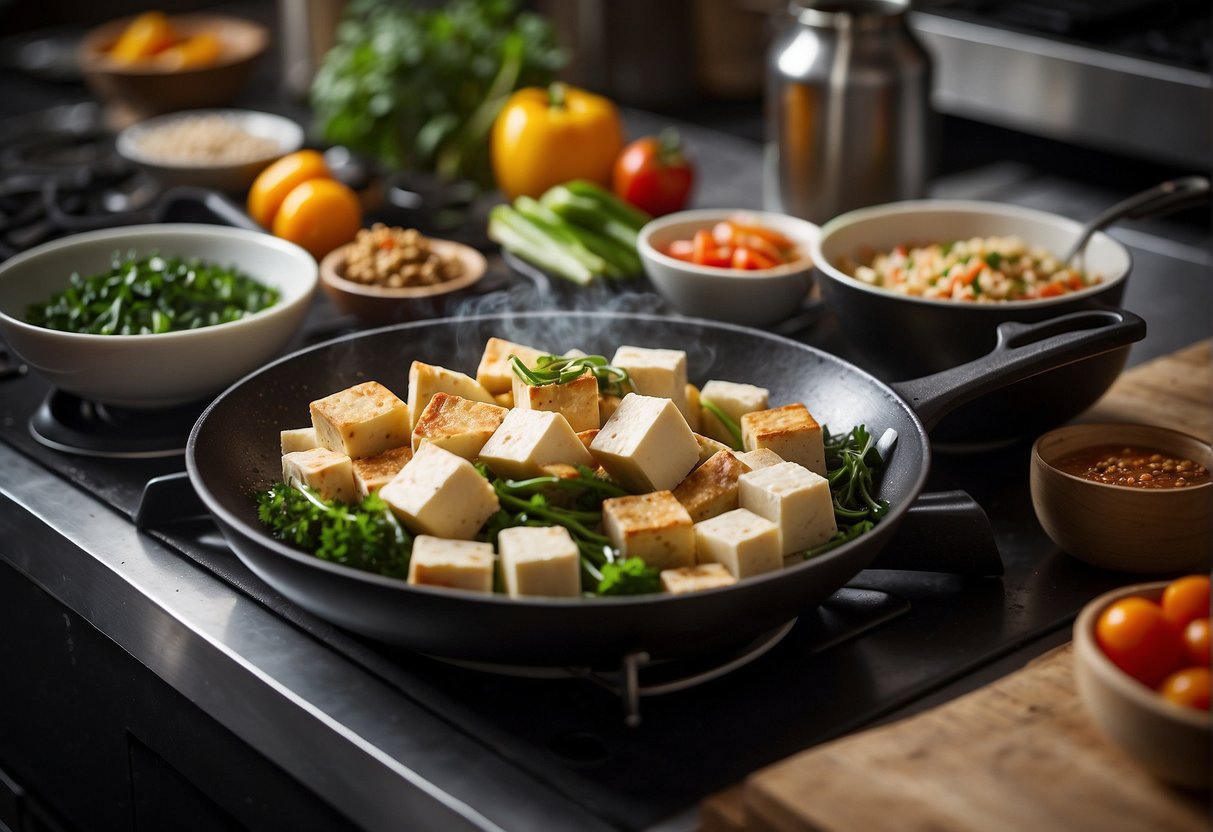 A table with a variety of tofu dishes, a chef's knife, and a cutting board. A steaming pot and a wok on a stove. Ingredients like tofu, soy sauce, and vegetables nearby