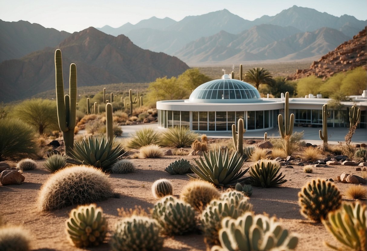 A serene desert landscape with a modern medical facility in the background, surrounded by cacti and mountains in the distance