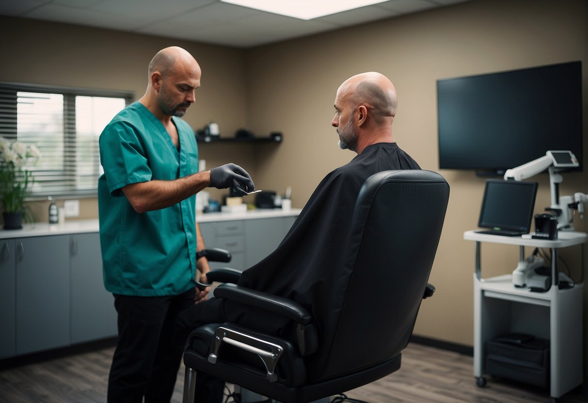 A bald man sits in a chair at a hair transplant clinic in Scottsdale, Arizona. A doctor examines his scalp while a technician prepares the equipment
