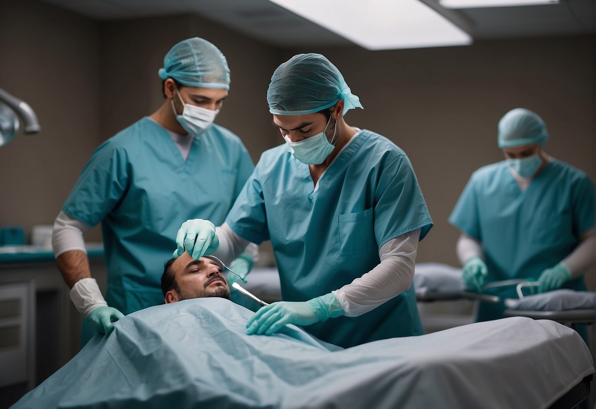 A surgeon performs a hair transplant procedure in a modern clinic in Scottsdale, Arizona. Instruments and equipment are neatly arranged on a sterile, well-lit operating table