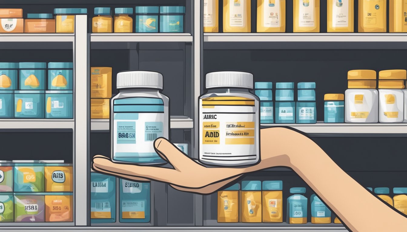 A hand reaches for a container of boric acid on a shelf in a store in Singapore. The label on the container is clearly visible