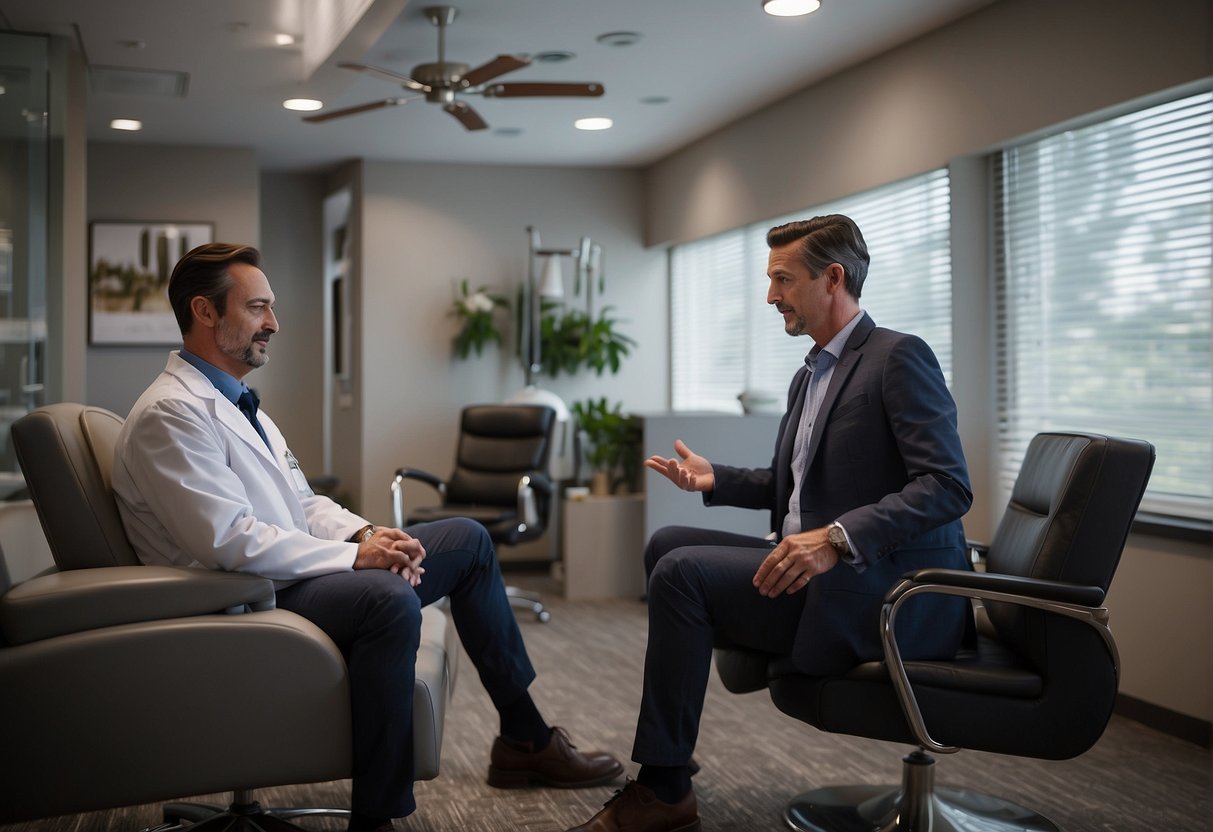 A doctor and patient discuss hair transplant options in a modern, well-lit consultation room in Scottsdale, Arizona. The doctor gestures towards informational materials while the patient listens attentively