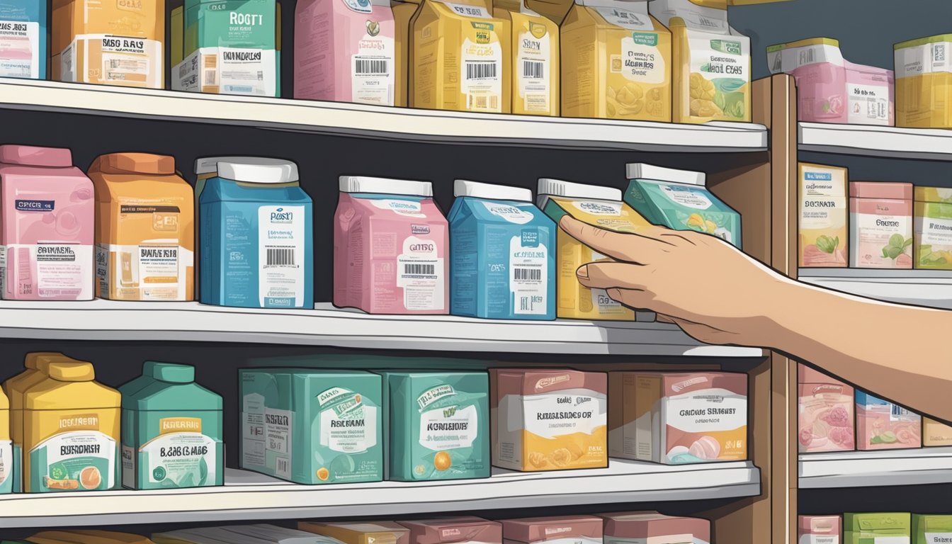 A hand reaches for a box of boric acid on a shelf in a Singaporean store. Labels and prices are visible