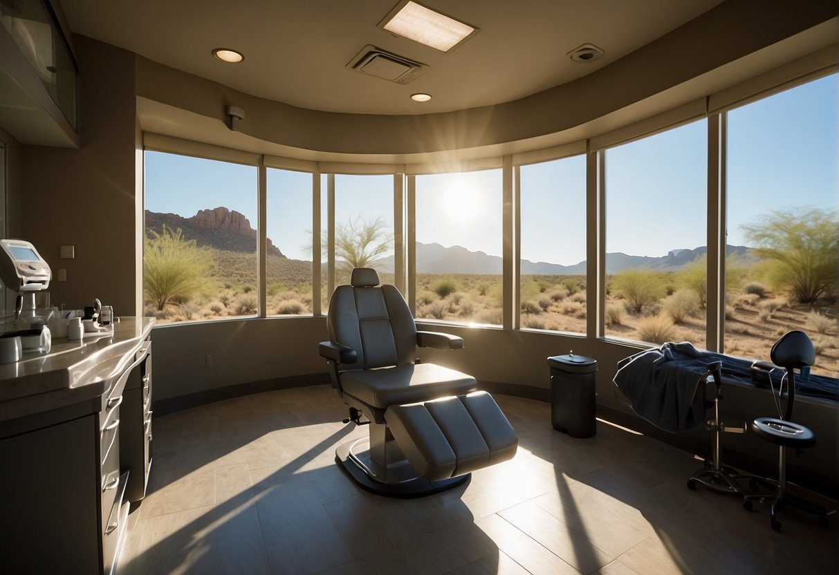 A serene recovery room with sunlight streaming in, showcasing a patient's rejuvenated scalp after a successful hair transplant in Scottsdale, Arizona