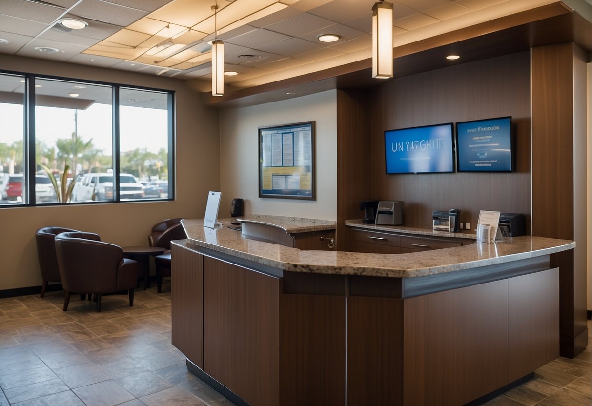 A bustling hair transplant clinic in Scottsdale, Arizona, with a waiting area, reception desk, and informational brochures