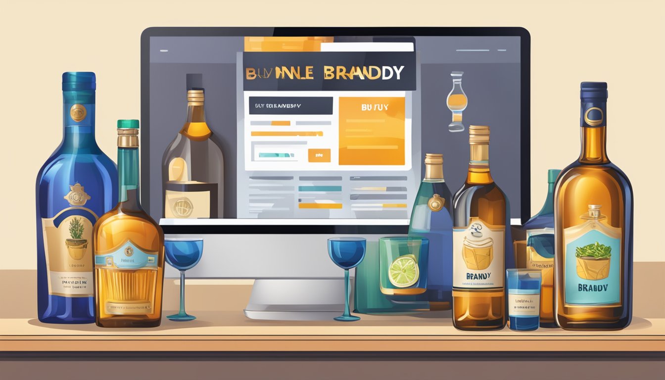 A computer screen displaying a website with a "buy brandy online" button, surrounded by bottles and glasses