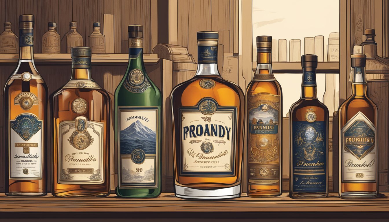 A hand reaches for a bottle of brandy on a shelf, surrounded by various other bottles of liquor. The label on the brandy prominently displays the name and logo of the brand