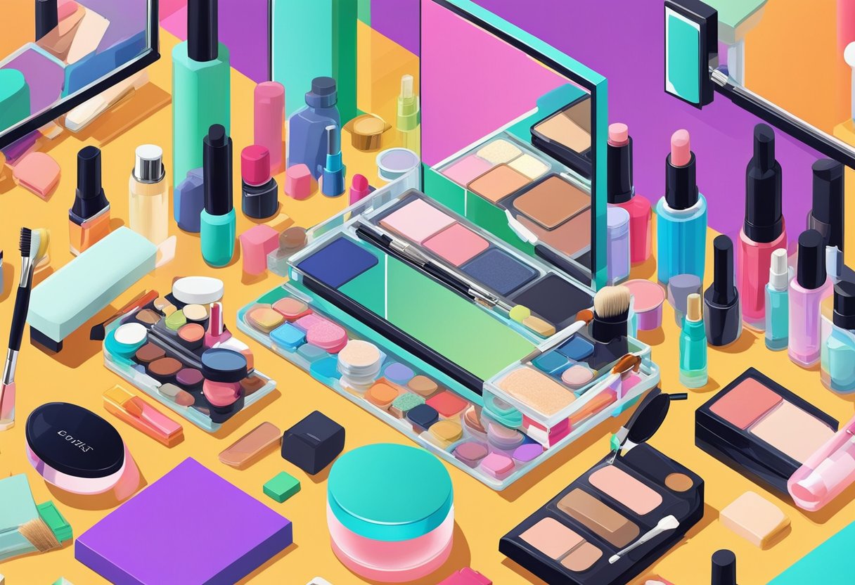 A cluttered vanity with cosmetic products strewn about, a mirror reflecting colorful palettes, and brushes scattered across the surface
