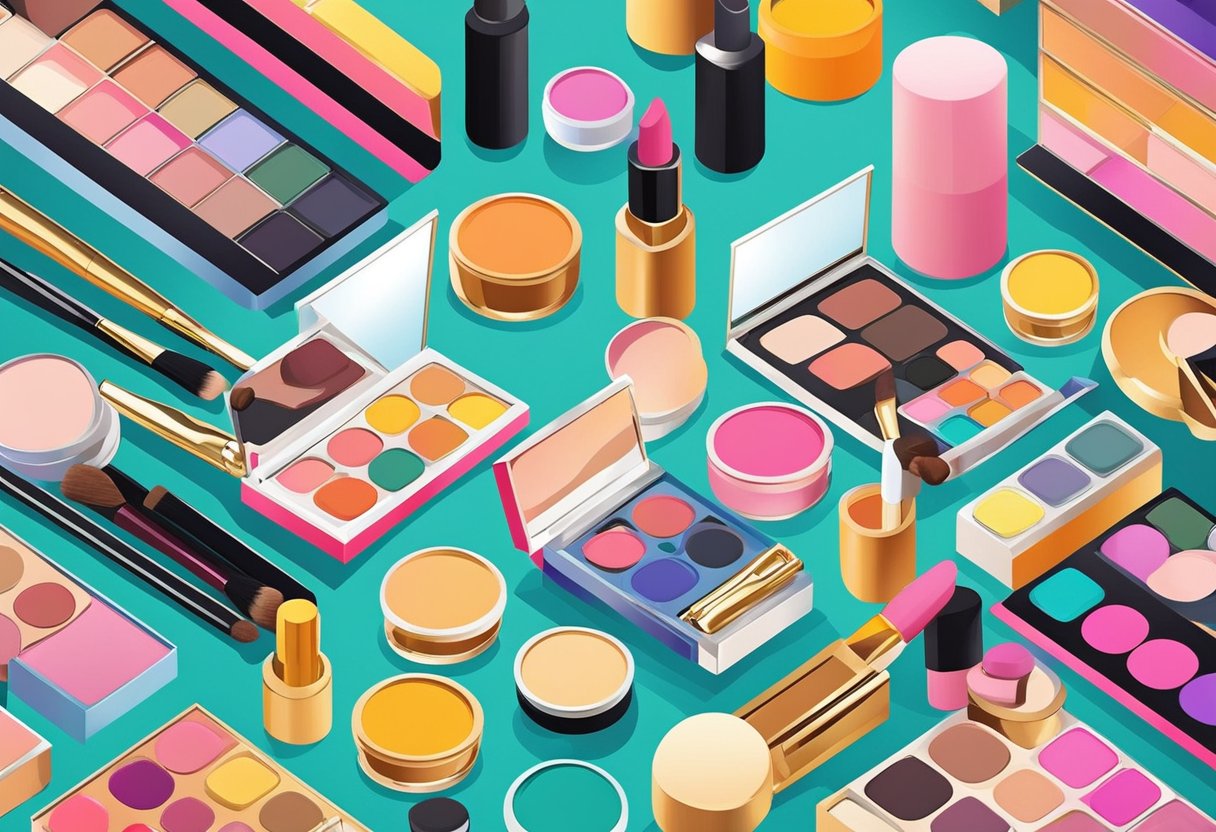 A colorful array of makeup products arranged in an artistic and appealing manner, with brushes, palettes, and tubes creating a visually captivating display