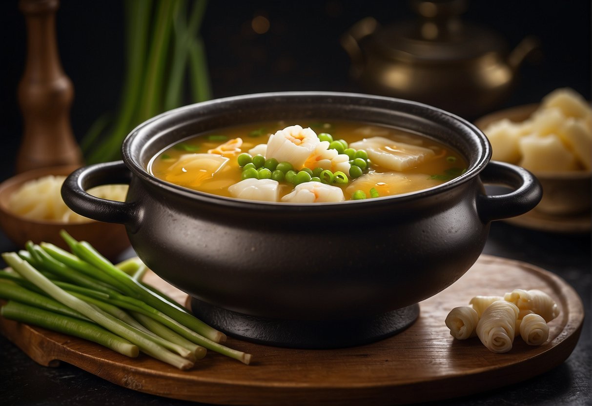 A pot simmers with fish maw, ginger, and broth. A bowl of soup is garnished with green onions