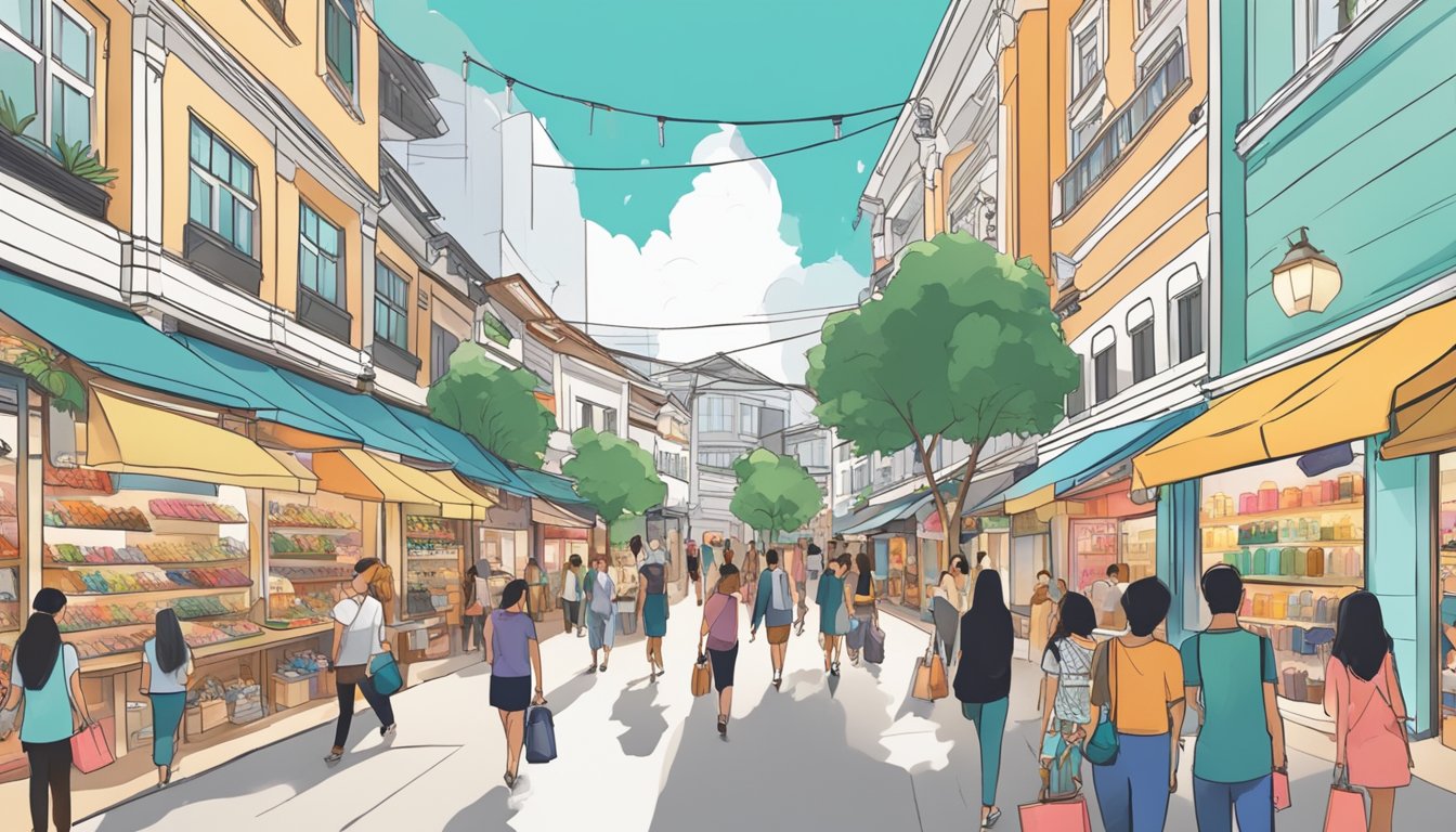 A bustling street in Singapore, lined with boutique shops and colorful displays of clutches. Shoppers browsing through various styles and designs