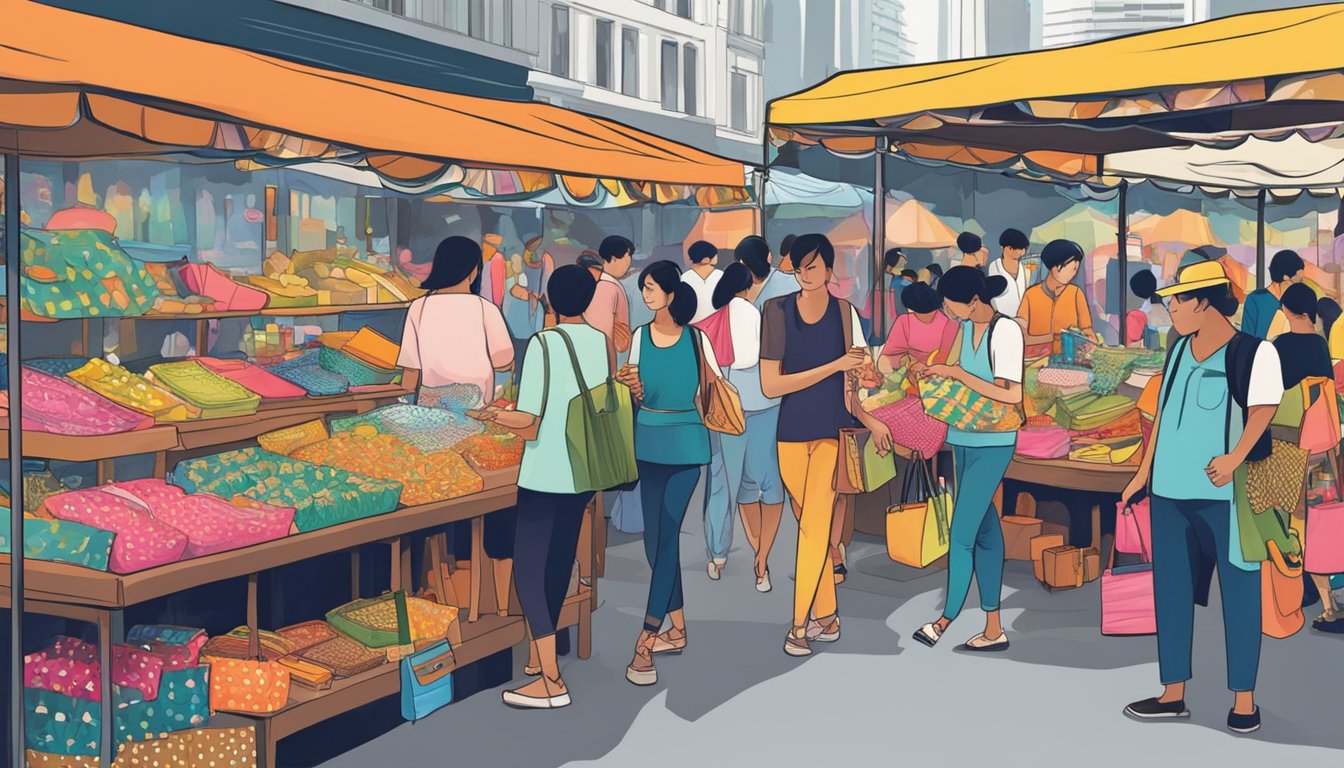 A bustling street market in Singapore displays an array of colorful and stylish clutches. Vendors showcase their products in neatly arranged stalls, attracting shoppers with their vibrant designs and trendy patterns