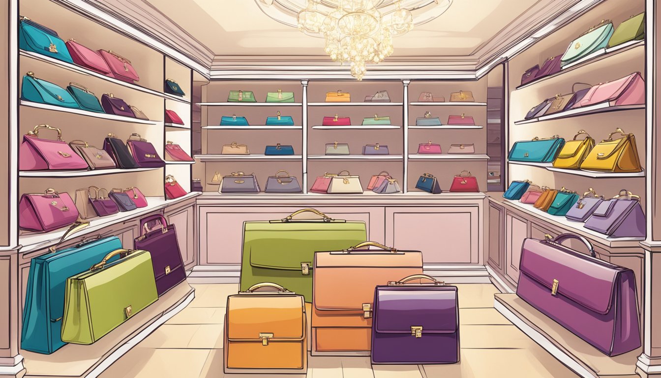 A display of various clutches in a boutique, arranged by size and style. Bright lighting highlights the elegant designs, and a sign indicates the different occasions each clutch is suitable for