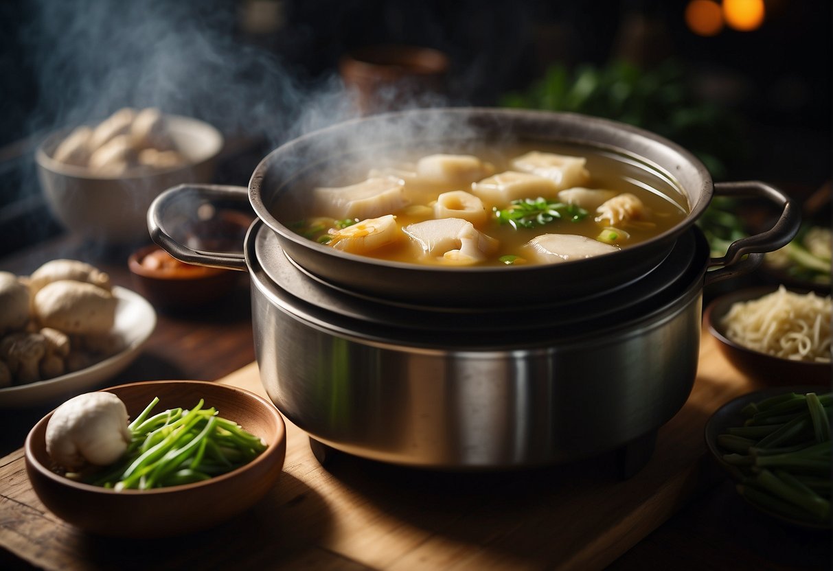 A pot simmers on a stove, filled with clear broth and fish maw, surrounded by traditional Chinese ingredients like ginger, scallions, and mushrooms