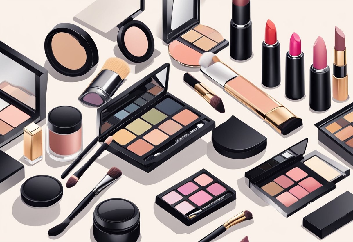 A table scattered with makeup products, brushes, and mirrors. Lipsticks, eyeshadows, and foundation in various shades. A quote list titled "76-100 Makeup Quotes" in elegant script