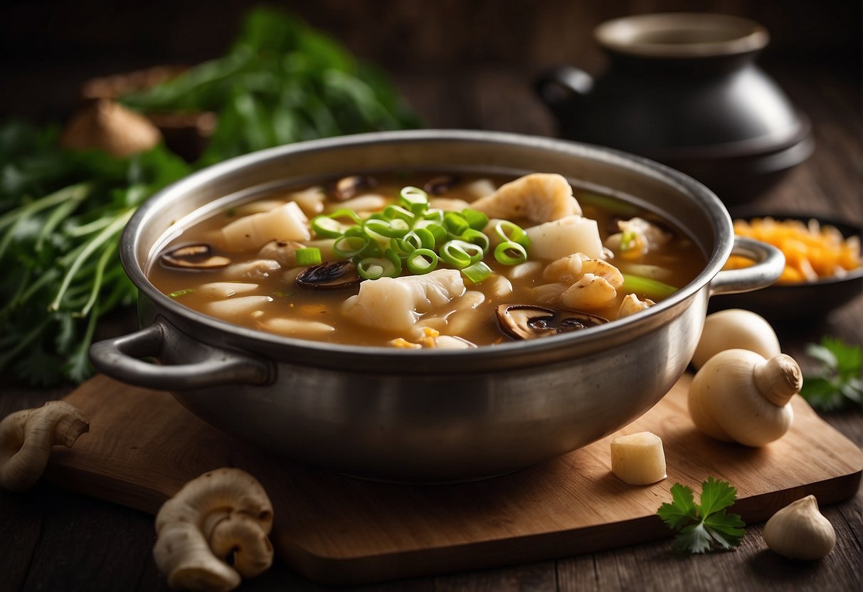 A pot simmers with fish maw, ginger, and broth. Ingredients sit nearby: mushrooms, scallions, and soy sauce