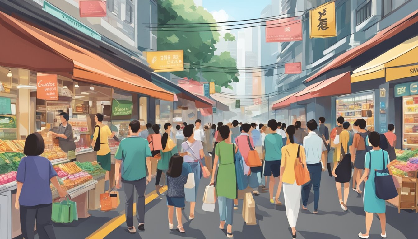 A bustling Singapore street with shops and signs advertising clutches. Shoppers browsing and asking store owners about clutch options
