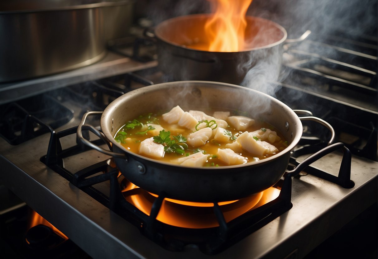 A pot simmers on a stove, filled with fish maw, ginger, and broth. Steam rises as the ingredients meld together, creating a savory aroma