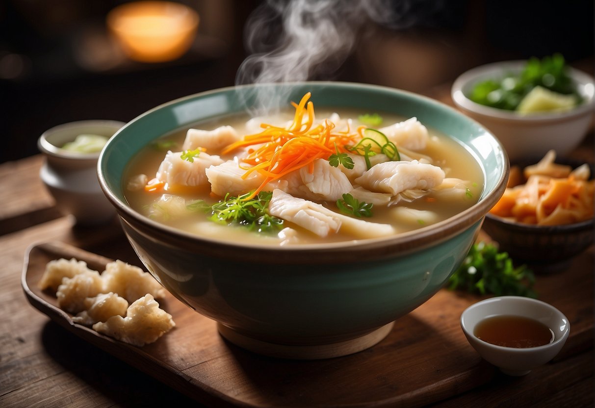 A steaming bowl of fish maw soup with garnishes on a wooden table