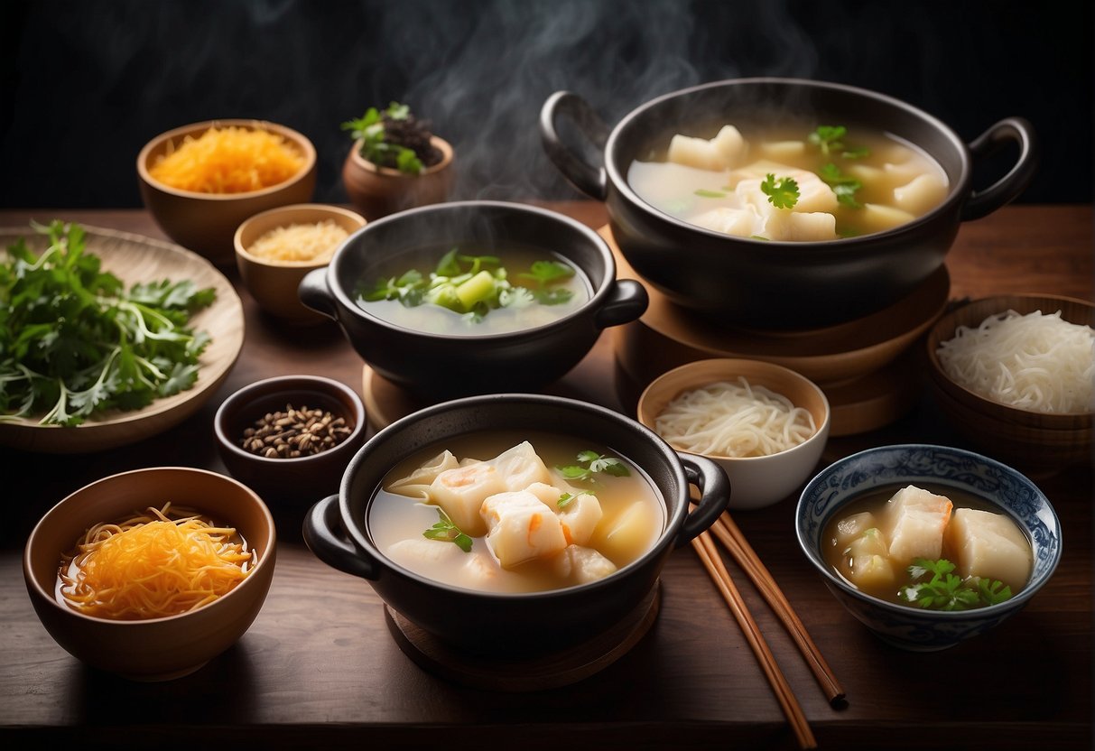 A pot of simmering fish maw soup with Chinese herbs and spices, surrounded by bowls and chopsticks on a wooden table