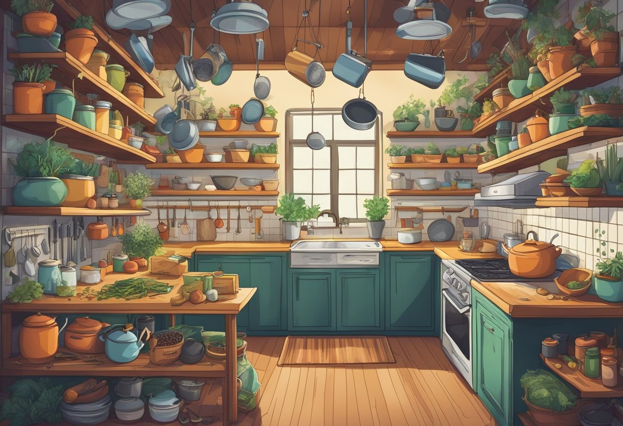 A cluttered kitchen with pots and pans hanging from the ceiling, a chalkboard with handwritten recipes, and shelves filled with jars of spices and ingredients