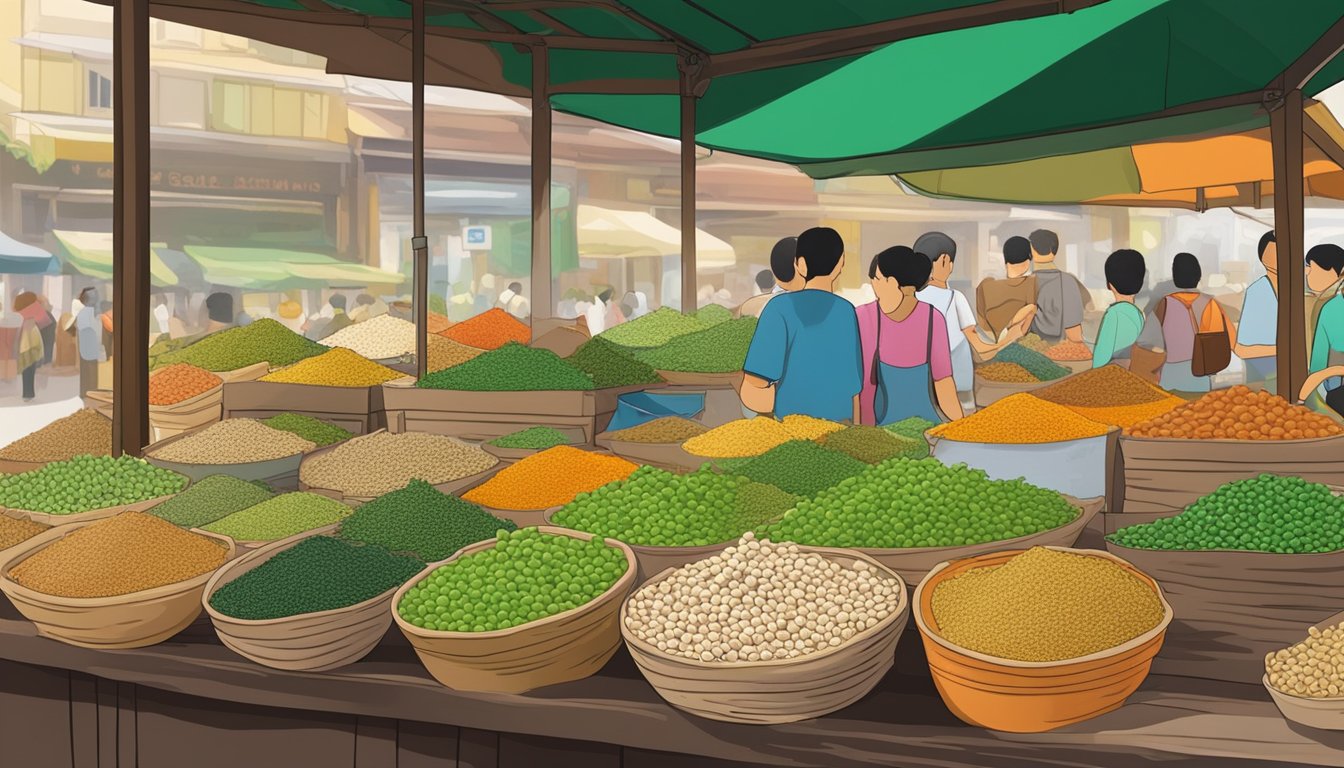 A bustling market stall in Singapore displays small packets of coriander seeds, with vibrant colors and exotic aromas filling the air