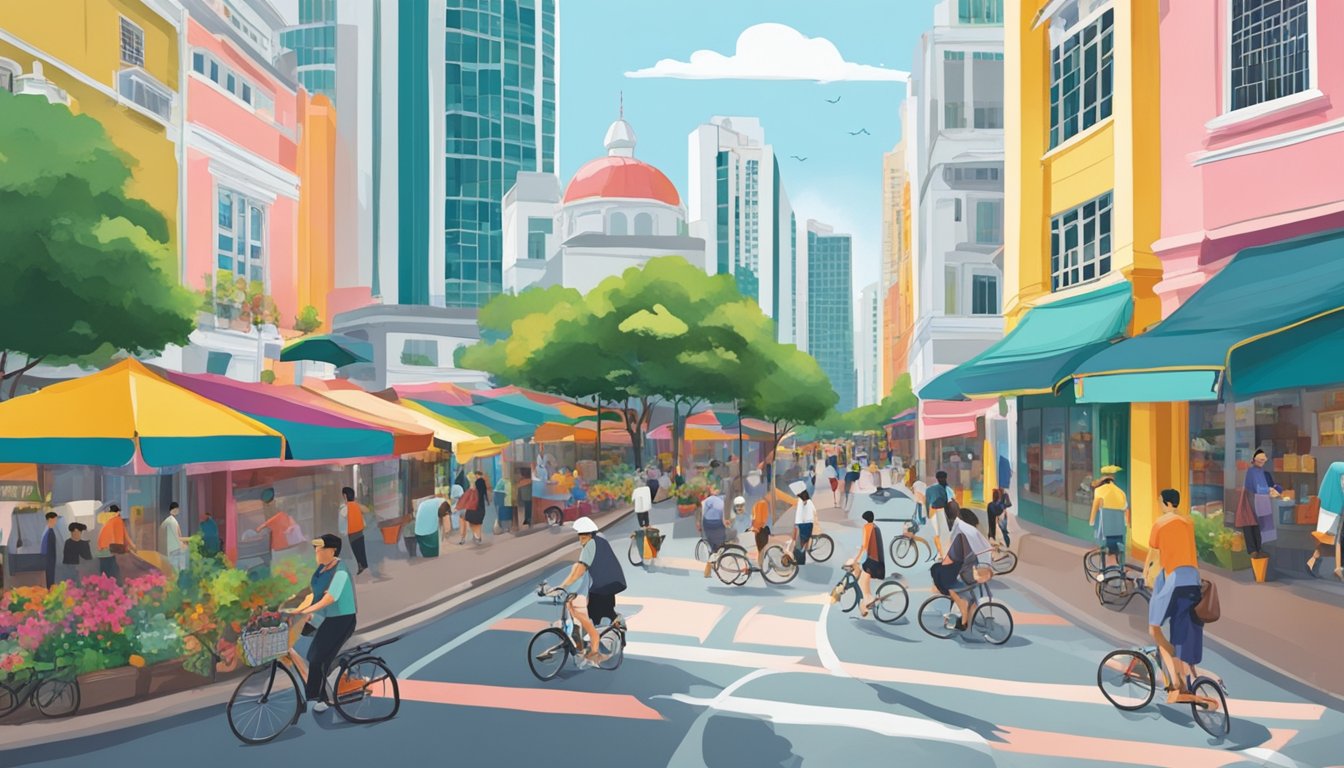 A bustling street in Singapore, with colorful storefronts and people carrying folded Brompton bicycles. The iconic cityscape and vibrant atmosphere capture the essence of Brompton's presence in Singapore