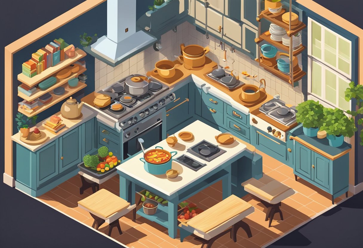 A cozy kitchen with shelves of cookbooks, a steaming pot on the stove, and a table set for a meal