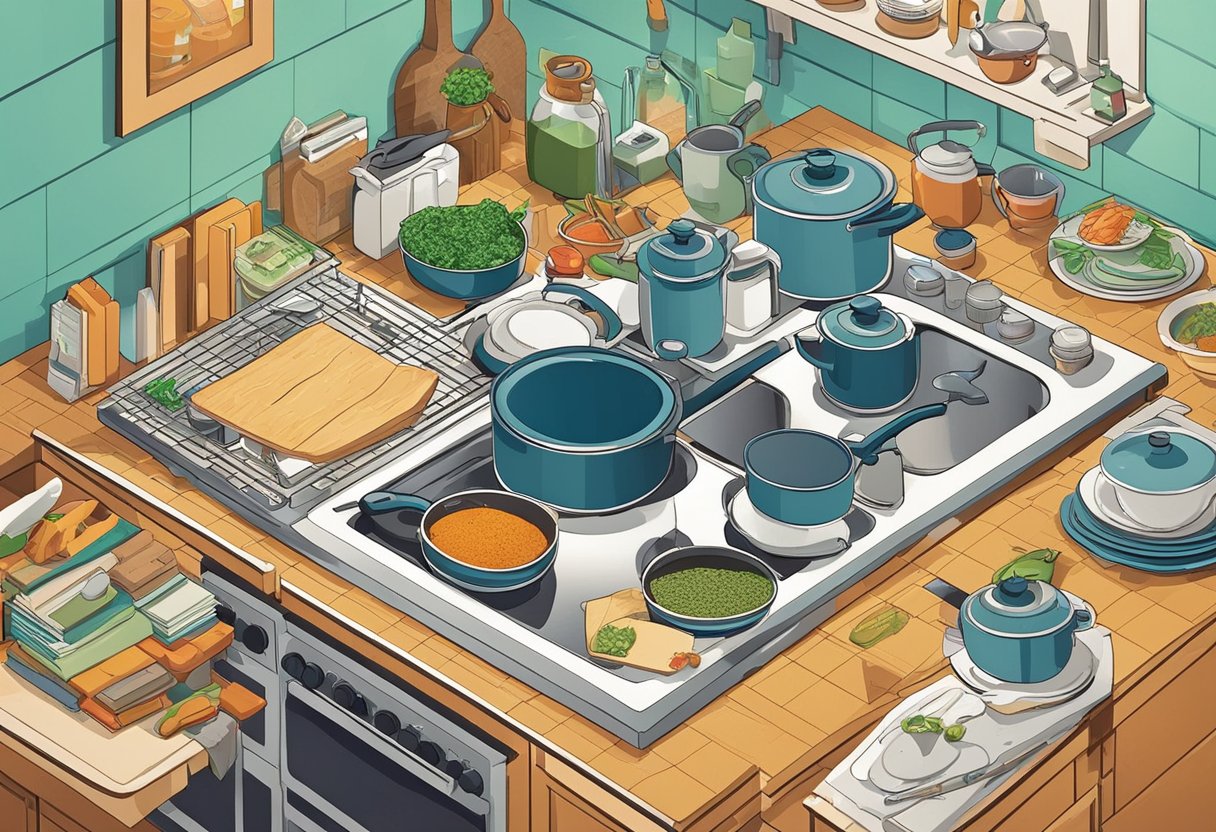 A cluttered kitchen counter with various cooking utensils, spices, and recipe books scattered around. A pot simmering on the stove and a stack of dirty dishes in the sink