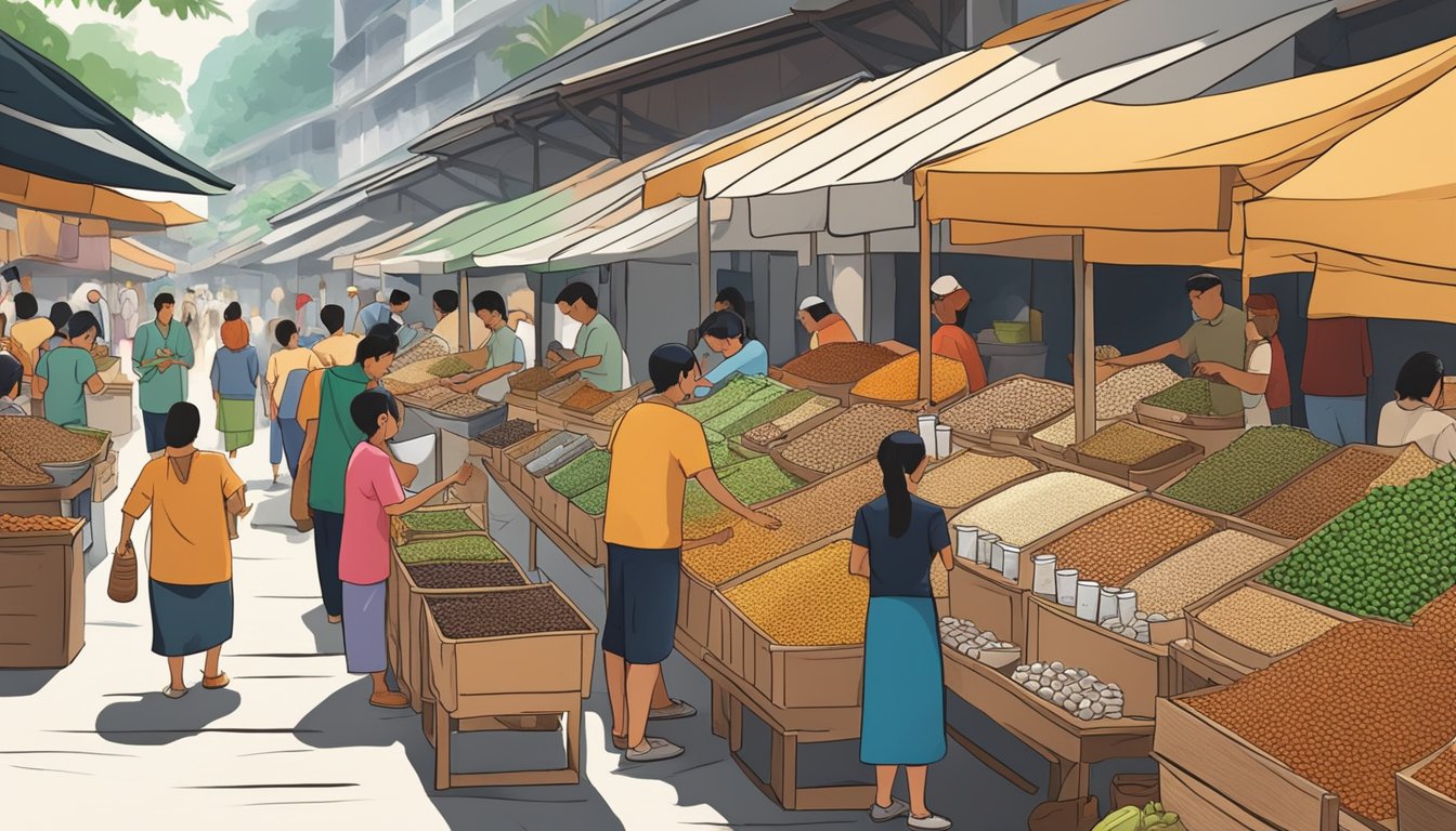 A bustling spice market in Singapore, with colorful stalls selling coriander seeds in bulk. Customers sample the aromatic seeds and haggle with vendors