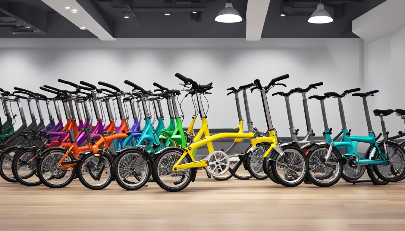 A row of Brompton bikes lined up in a sleek, modern showroom. Bright lighting highlights the various models and colors available for purchase
