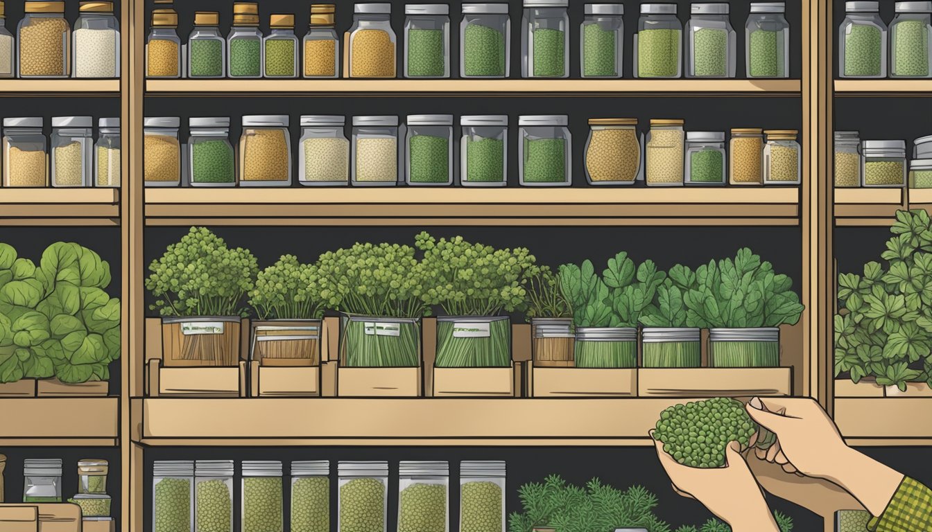 A hand reaching for a packet of coriander seeds on a shelf at a garden supply store in Singapore. The shelves are filled with various types of seeds and gardening tools