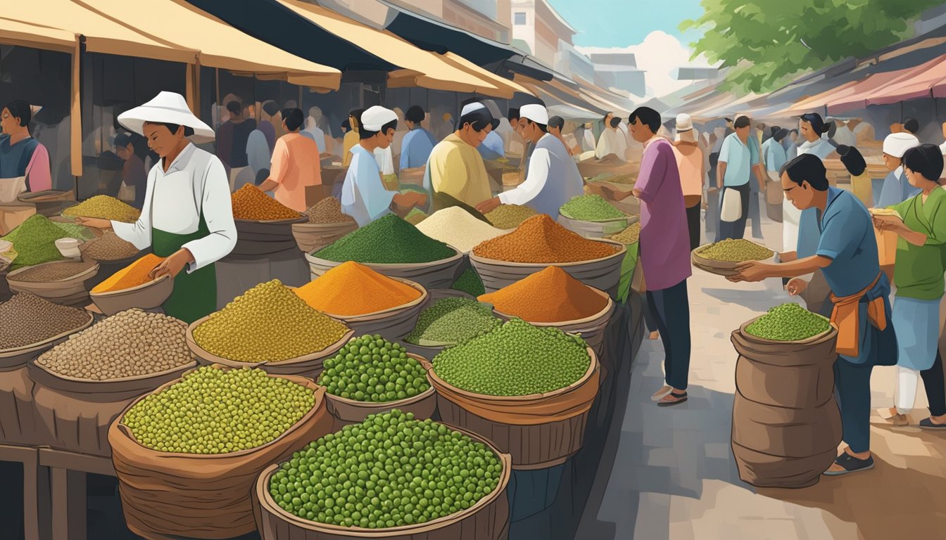 A bustling marketplace with colorful spice vendors displaying coriander seeds in Singapore