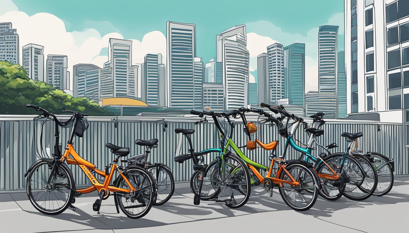Brompton bikes parked outside a shop in Singapore, with the city skyline in the background