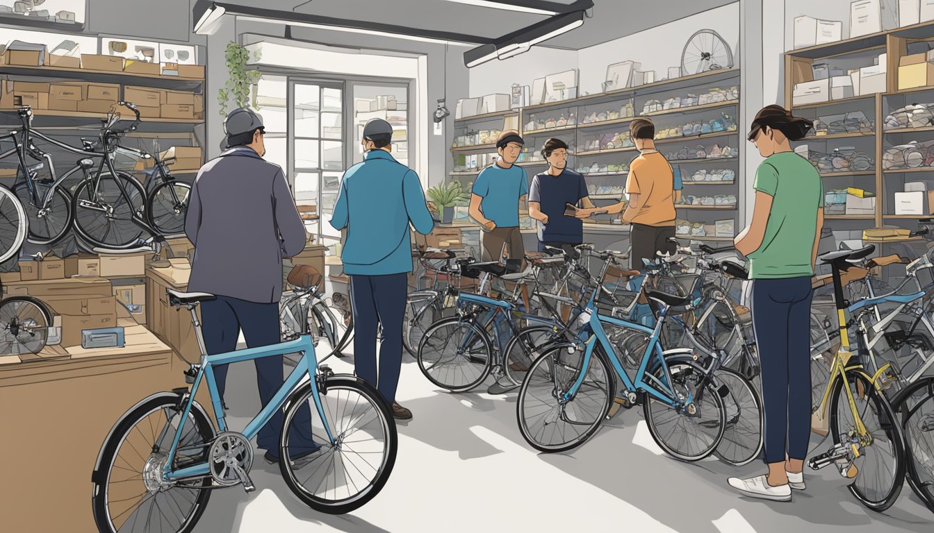 A bustling bike shop with customers browsing Brompton models. A salesperson assists a customer, while others read FAQ pamphlets