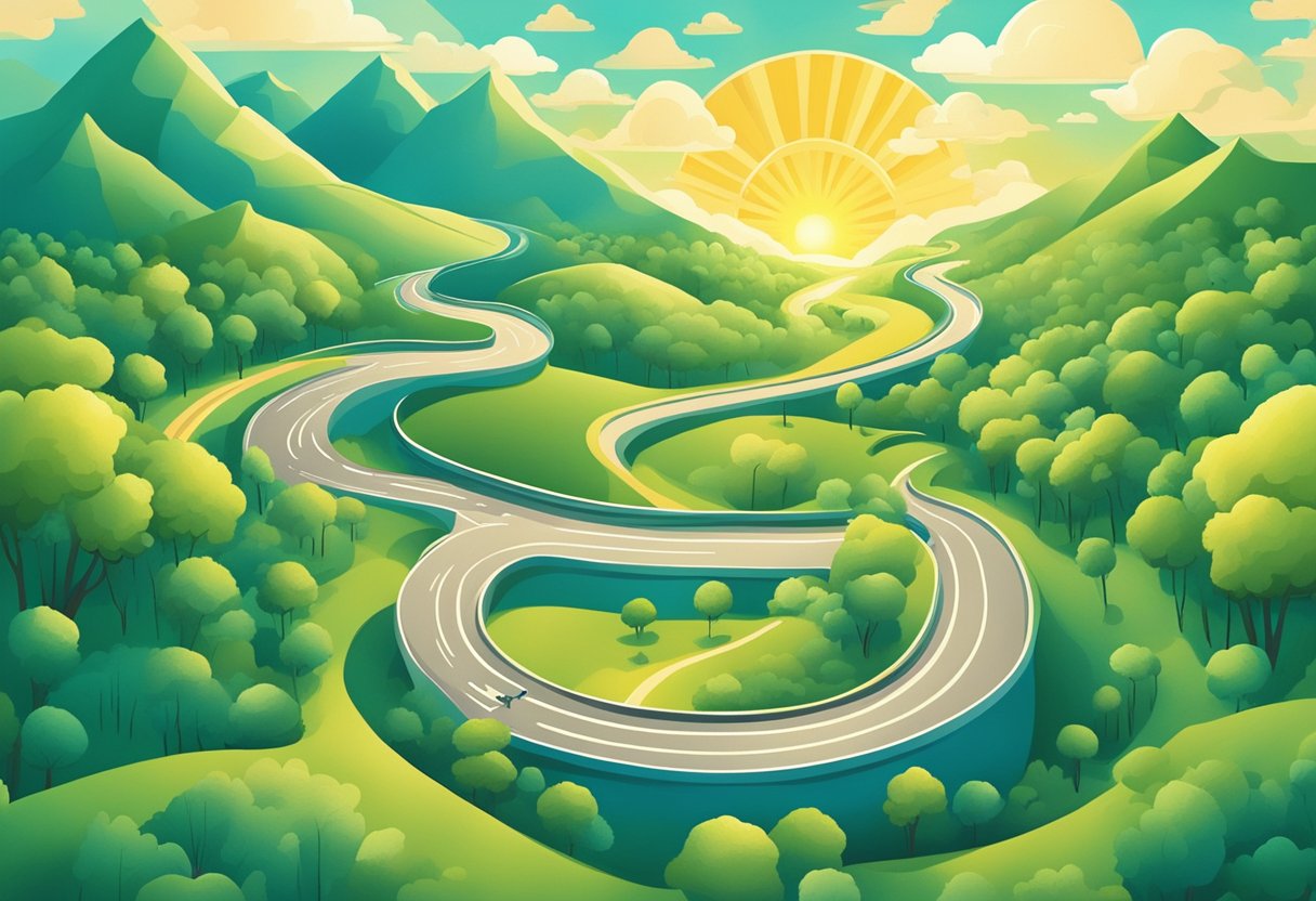 A winding road through a serene landscape, with a bright sun shining above and a quote "follow your dreams" written in elegant script in the sky