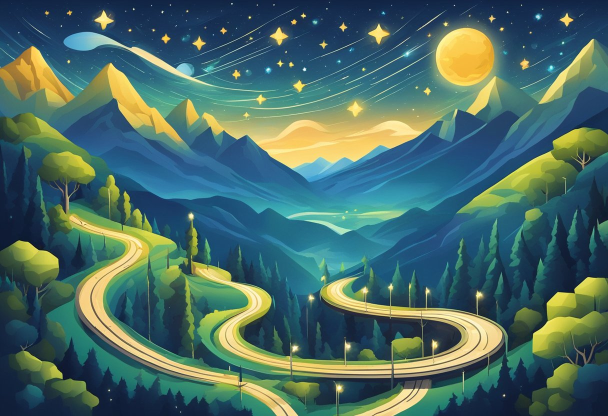 A starry night sky with a shooting star, a winding road leading towards a distant mountain, and a signpost pointing towards various dream destinations