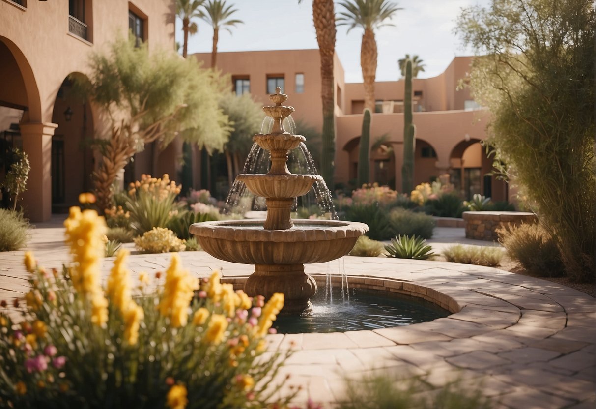 A sunny courtyard with blooming desert plants and a peaceful fountain, surrounded by modern, well-maintained buildings