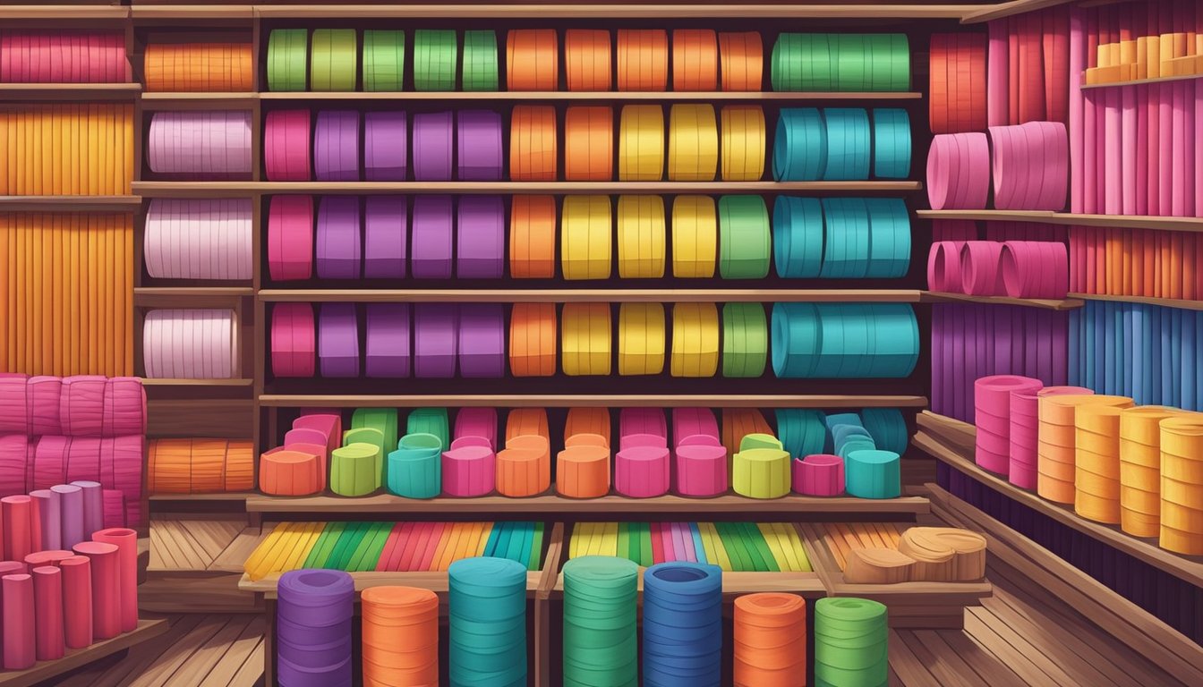 A colorful display of crepe paper rolls on shelves in a Singaporean craft store. Bright, vibrant colors and various sizes are neatly organized
