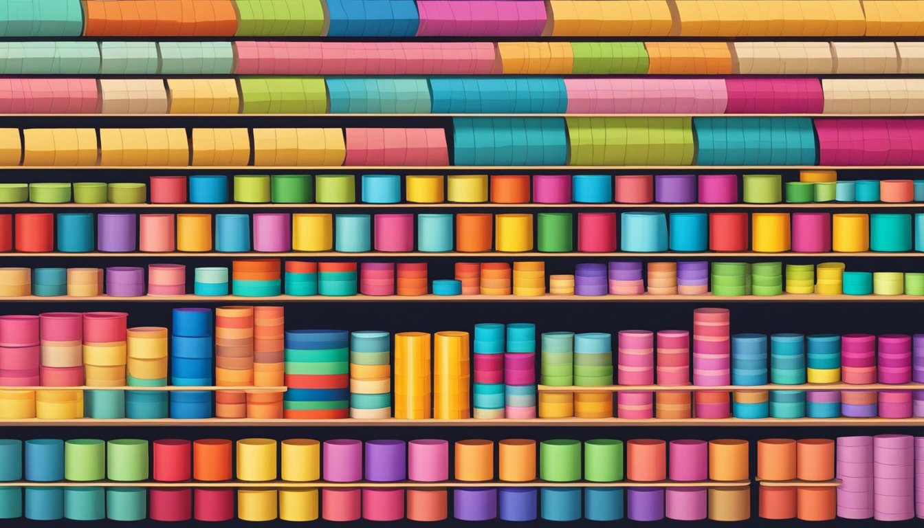 Colorful shelves display a variety of crepe paper rolls in a well-lit store in Singapore. The vibrant hues and textures beckon customers to browse and purchase