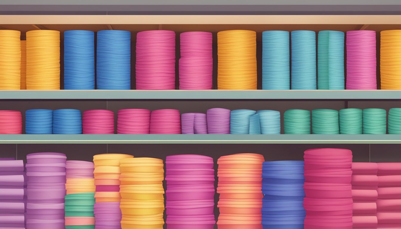 A colorful display of crepe paper rolls on shelves, with a sign reading "Frequently Asked Questions: Where to buy crepe paper in Singapore."
