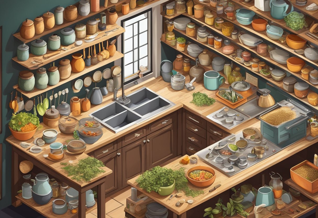 A cluttered kitchen with pots and pans strewn about, a chalkboard with handwritten recipes, and shelves filled with jars of spices and ingredients
