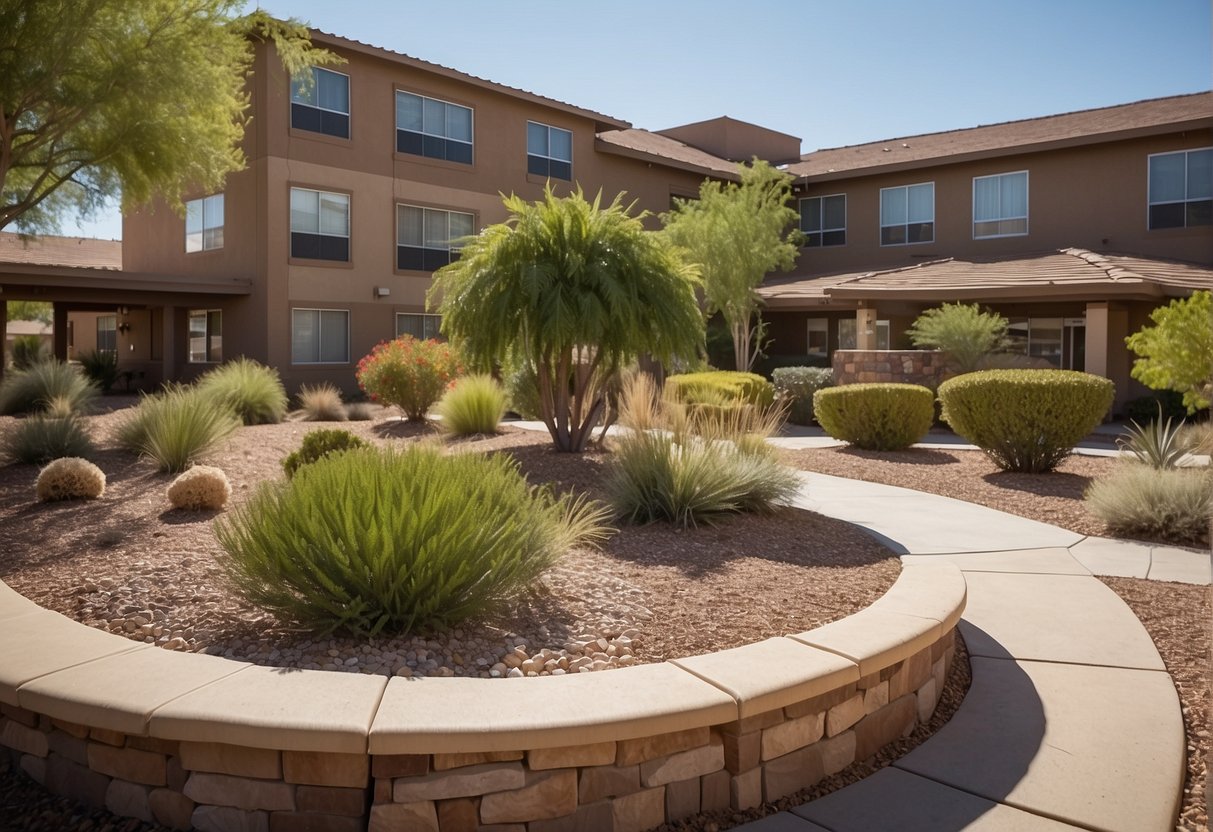 A modern, well-maintained nursing home in Phoenix, Arizona, with landscaped gardens, medical facilities, and comfortable living spaces